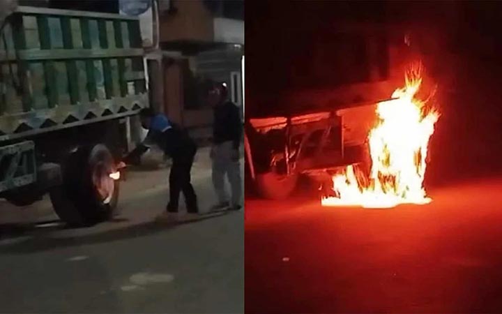 ‘জয় বাংলা’ স্লোগান দিয়ে কুষ্টিয়ায় ট্রাকে আগুন