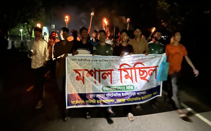 শেরপুরে ডিপ্লোমা শিক্ষার্থীদের মশাল মিছিল
