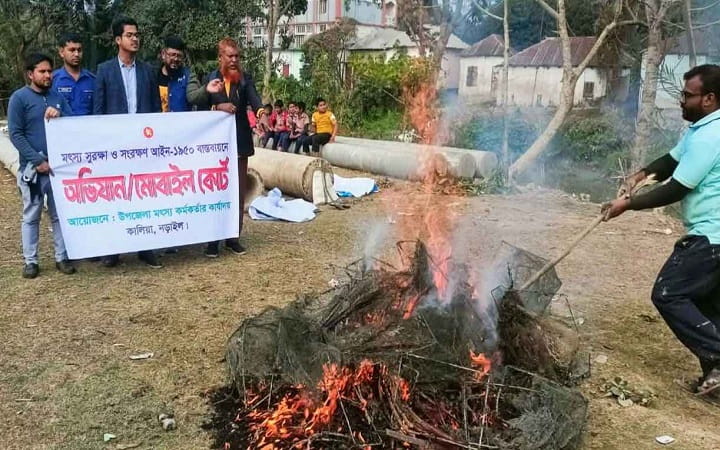 নড়াইলে অবৈধ জাল জব্দ করে বিনষ্ট